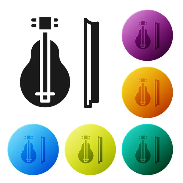 Schwarze Geige Ikone isoliert auf weißem Hintergrund. Musikinstrument. Setzen Sie Symbole in farbigen Kreis-Tasten. Vektor — Stockvektor