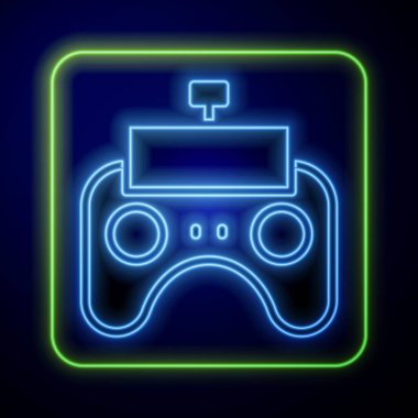 Parlayan neon uzaktan kontrol simgesi mavi arkaplanda izole edildi. Vektör