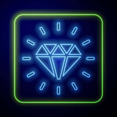 Parlayan neon elmas simgesi mavi arkaplanda izole edildi. Mücevher sembolü. Mücevher taşı. Vektör