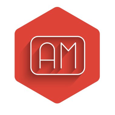 Beyaz çizgi Sabah Zaman simgesi uzun gölgeli izole. Zaman sembolü. Kırmızı altıgen düğmesi. Vektör