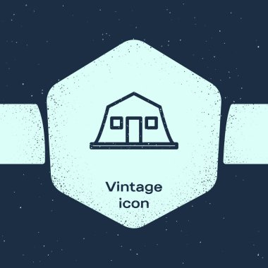 Grunge hattı askeri kışla ikonu mavi arka planda izole edildi. Hava saldırıları mimari ordusu. Tek renkli klasik çizim. Vektör
