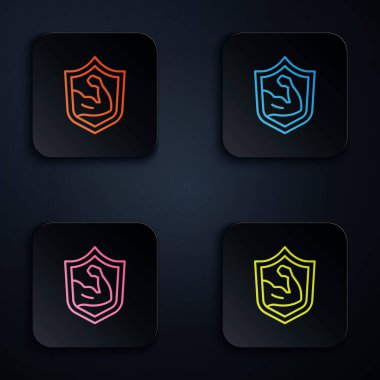 Renkli neon çizgili vücut geliştirici siyah arka planda izole edilmiş kas simgesini gösteriyor. Formda kalmak, güçlü sağlık hobisi kavramı. Kare düğmelere simgeleri yerleştir. Vektör