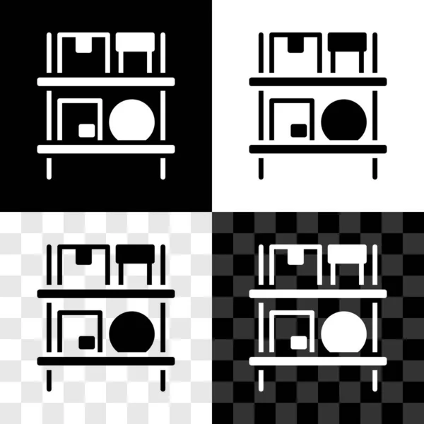 Állítsa Raktár belső dobozok állványok ikon elszigetelt fekete-fehér, átlátszó háttérrel. Logisztika, rakomány, csomagtároló postai szolgáltatás. Vektor — Stock Vector