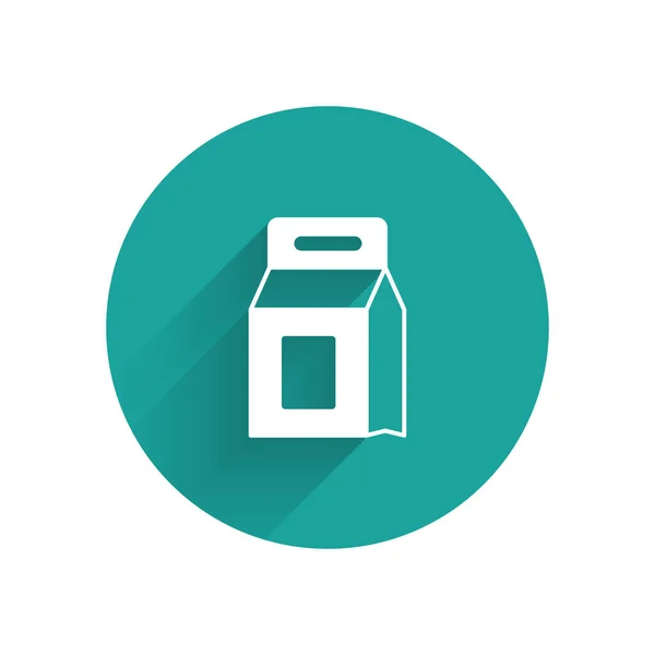 Detergente de lavandaria branco para máquina de lavar automática ícone isolado com fundo de sombra longa. Botão de círculo verde. Vetor —  Vetores de Stock