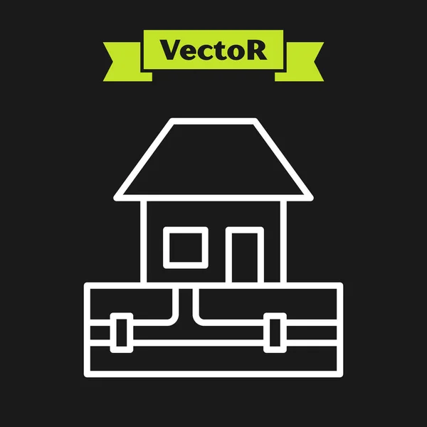 Ligne blanche Tuyaux d'alimentation en eau et icône de la maison isolés sur fond noir. Vecteur — Image vectorielle
