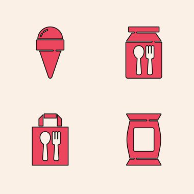 Poşet veya patates cipsi, waffle külahında dondurma, online sipariş, teslimat ve ikon. Vektör
