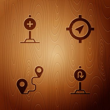 Arka yol işaretini, hastanenin kesiştiği yeri, güzergahı ve ahşap arka planda pusulayı ayarla. Vektör