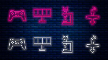 Güneş enerjisi paneli, mikroskop, Gamepad ve insansız hava aracı ayarlayın. Tuğla duvarda parlayan neon simgesi. Vektör