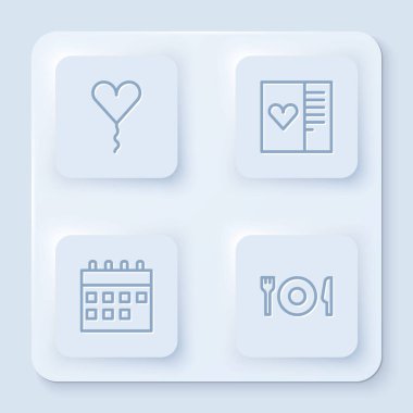 Balon 'u kalp şeklinde, kartpostallı, takvim ve plakalı, çatal ve bıçaklı olarak ayarla. Beyaz kare düğme. Vektör