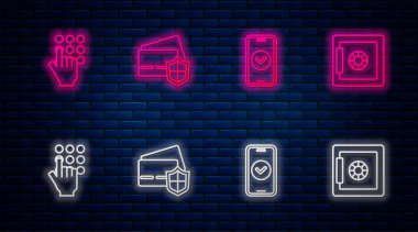 Hat kartını kalkan, akıllı telefon, şifre koruması ve kasa ile ayarla. Tuğla duvarda parlayan neon simgesi. Vektör