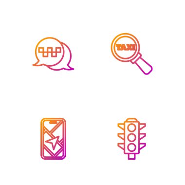 Hat lambası, şehir haritası navigasyon, taksi, telefon servisi, büyüteç ve taksi. Renk simgeleri. Vektör