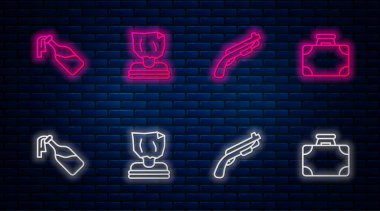 Hattı kurun, adam kaçırma, polis tüfeği, kokteyl molotof, çanta ve para. Tuğla duvarda parlayan neon simgesi. Vektör