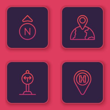 Pusula, yol ayrımı, yer ve helikopter iniş pisti ayarlandı. Mavi kare düğme. Vektör