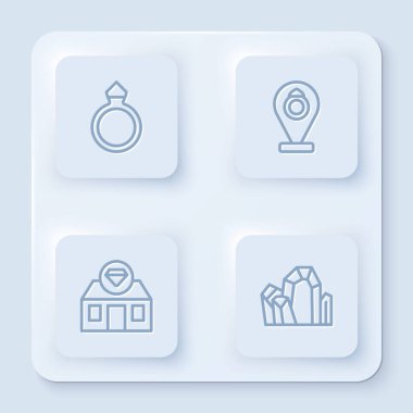 Diamond nişan yüzüğü, kuyumcu dükkanı ve mücevher taşı. Beyaz kare düğme. Vektör