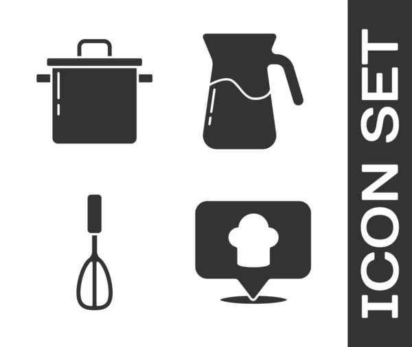 Definir chapéu Chef com localização, Panela de cozinha, Uísque de cozinha e jarro de vidro com ícone de água. Vetor —  Vetores de Stock