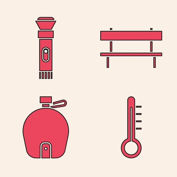 Set Meteorology thermometer, Flashlight, Bench and Canteen water bottle icon. Vector — Stock Vector