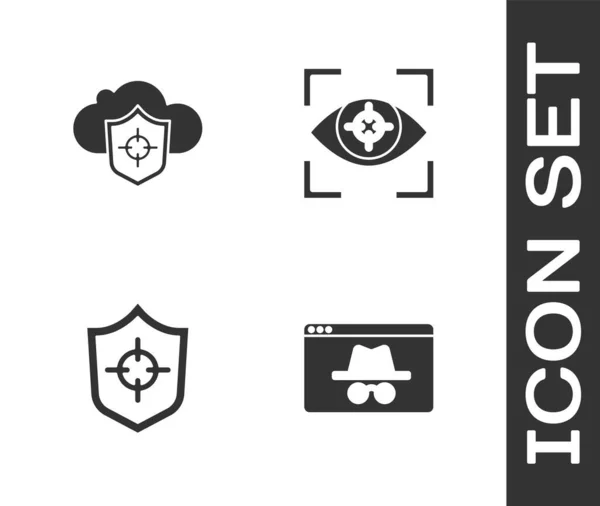 Nastavit okno prohlížeče inkognito, Cloud and shield, Shield and Eye scan icon. Vektor — Stockový vektor