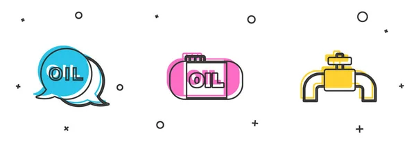 Set Word oil, Oil tank storage and Metallic pipes and valve icon. Vector — Stock Vector