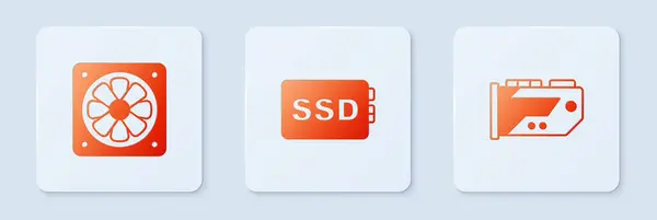 SSDカード、コンピュータークーラー、ビデオグラフィックを設定します。白い四角形のボタン。ベクトル — ストックベクタ