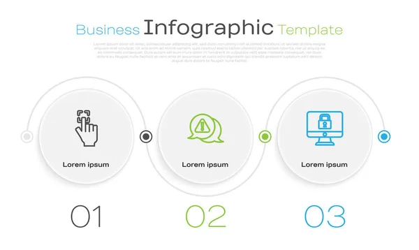 Definir linha Impressão digital, triângulo de ponto de exclamação e monitor de bloqueio. Modelo de infográfico de negócios. Vetor — Vetor de Stock