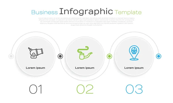 Establecer línea de cañón, pipa de fumar y pirata ubicación. Plantilla de infografía empresarial. Vector — Vector de stock