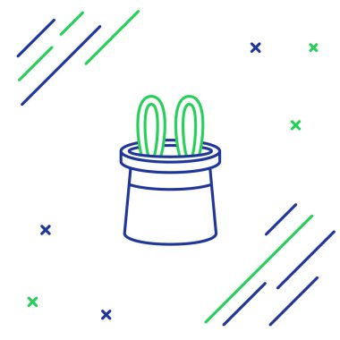 Beyaz arka planda çizgi sihirbazı şapkası ve tavşan kulağı simgesi var. Sihir numarası. Gizemli eğlence konsepti. Renkli taslak konsepti. Vektör