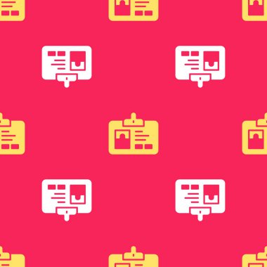 Sarı tanımlama rozeti simgesi kırmızı arka planda izole edilmiş kusursuz desen. Sunum için, şirketin kimliği için, reklam için kullanılabilir. Vektör