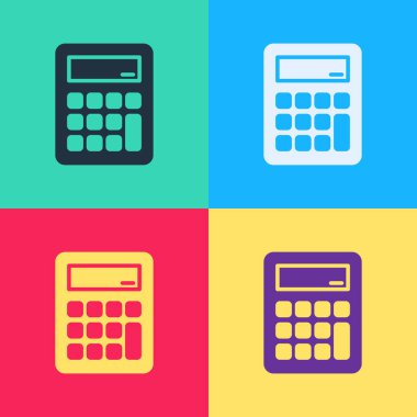 Pop Art Calculator simgesi renk arkaplanında izole edildi. Muhasebe sembolü. İş hesaplamaları matematik eğitimi ve finans. Vektör