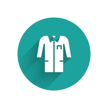 Beyaz Laboratuvar üniforması ikonu uzun gölgeli izole edilmiş. İlaç araştırma görevlileri için önlük. Tıbbi personel ekipmanları. Yeşil daire düğmesi. Vektör