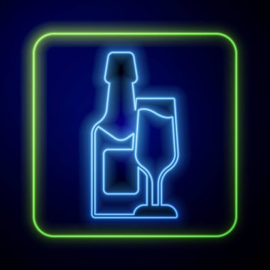 Parlayan neon şampanya şişesi ve mavi arka planda izole edilmiş şampanya ikonu. Mutlu Noeller ve mutlu yıllar. Vektör