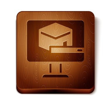 Kahverengi Kabe cami simgesi beyaz arkaplanda izole edilmiş. Kabe 'deki hac ibadeti Ramazan-ı İslam camii. Tahta kare düğme. Vektör