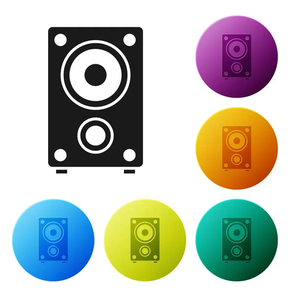 Black Stereo speaker icon isolated on white background. Sound system speakers. Music icon. Musical column speaker bass equipment. Set icons in color circle buttons. Vector — Stock Vector