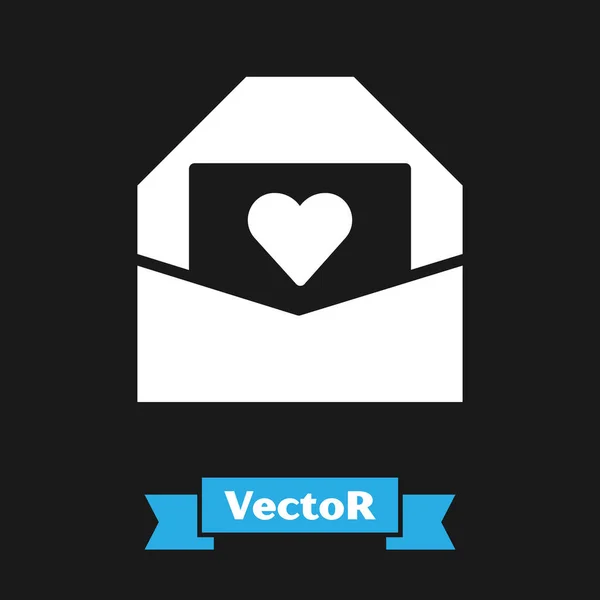 Sobres blancos con icono del corazón de San Valentín aislado sobre fondo negro. Mensaje amor. Carta de amor y romance. Vector — Archivo Imágenes Vectoriales