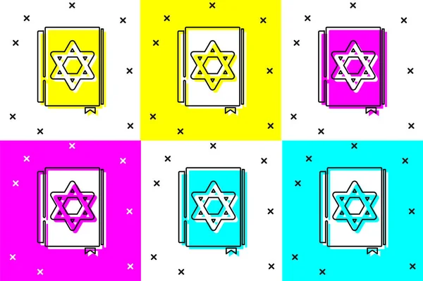 Ställ judiska Torah bok ikon isolerad på färg bakgrund. Moseböckerna. På omslaget till Bibeln är bilden av Davids stjärna. Vektor — Stock vektor
