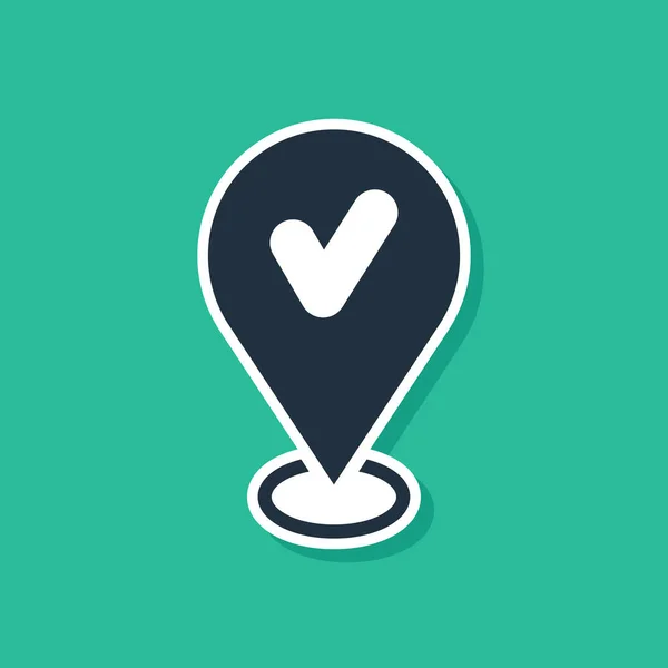 Blue Map Pin mit Häkchen auf grünem Hintergrund. Navigation, Zeiger, Standort, Karte, GPS, Richtung, Ort, Kompass, Suchkonzept. Vektor — Stockvektor
