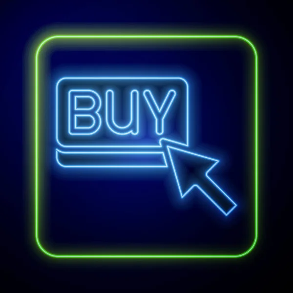 Néon brilhante Comprar ícone de botão isolado no fundo azul. Conceito de mercado financeiro e de investimento de ações. Vetor —  Vetores de Stock