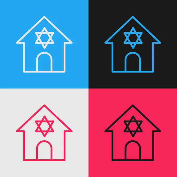Pop art ligne bâtiment de la synagogue juive ou icône du temple juif isolé sur fond de couleur. Construction hébraïque ou judaïsme avec étoile David. Vecteur — Image vectorielle