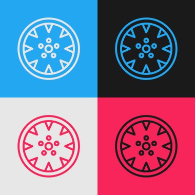 Renkli arka planda izole edilmiş bir araba simgesi için Pop Art Line Alloy Wheel. Vektör