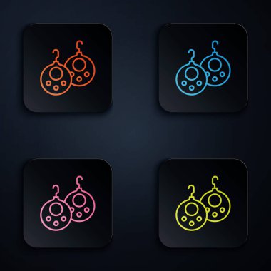 Renkli neon çizgili küpe simgesi siyah arkaplanda izole edildi. Mücevher aksesuarları. Kare düğmelere simgeleri yerleştir. Vektör
