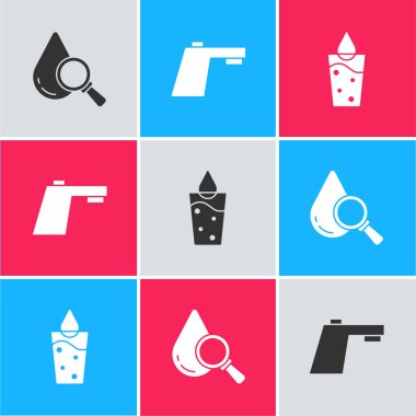 Damla ve büyüteç, su musluğu ve su ikonlu cam. Vektör