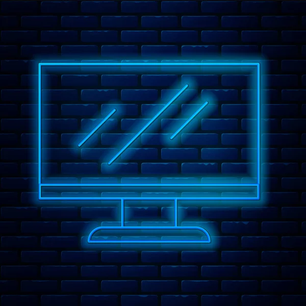 Parlayan neon hattı bilgisayar ekranı simgesi tuğla duvar arka planında izole edildi. Elektronik cihaz. Ön manzara. Vektör — Stok Vektör