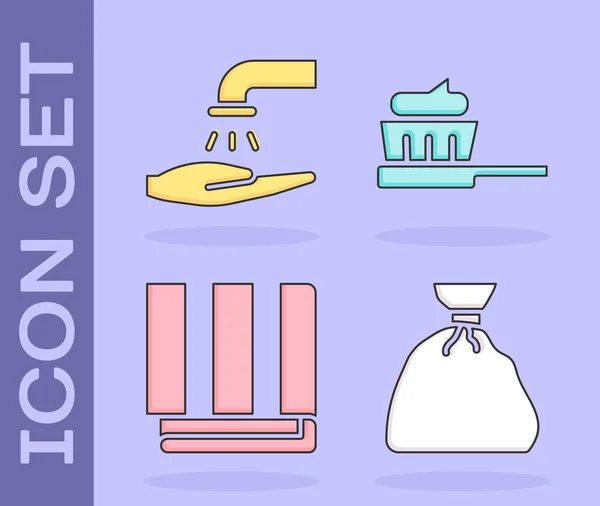 Set Müllbeutel, Hände mit Seife waschen, Handtuchstapel und Zahnbürste mit Zahnpasta-Symbol. Vektor — Stockvektor