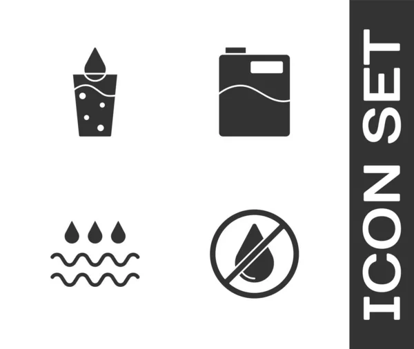 Vízcsepp beállítása tilos, pohár vízzel, hullám és nagy palack tiszta ikon. Vektor — Stock Vector