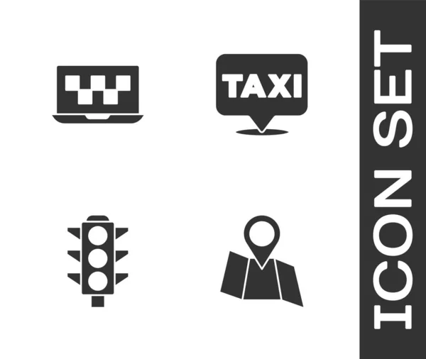 Set Opgevouwen kaart met locatie, Laptop oproep taxi service, Verkeerslicht en Locatie pictogram. Vector — Stockvector