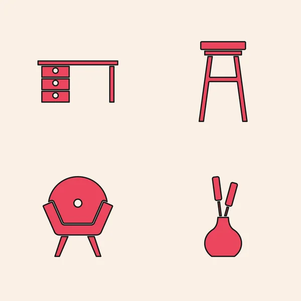 설정 Vase, 오피스 데스크, 의자, 그리고 기갑 의자 아이콘. Vector — 스톡 벡터