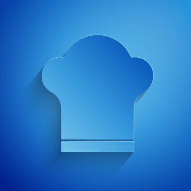 Kağıt kesiği Şef şapkası simgesi mavi arkaplanda izole edilmiş. Aşçılık sembolü. Aşçı şapkası. Kağıt sanatı tarzı. Vektör