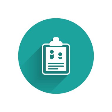 Beyaz İşletmeler uzun gölgeli bir ikon rapor etti. Denetim ve analiz, belge, plan sembolü. Yeşil daire düğmesi. Vektör