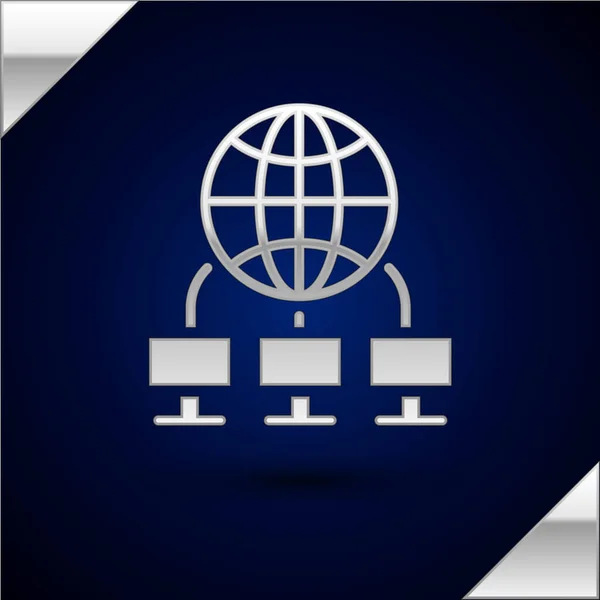 Icona di rete Silver Computer isolata su sfondo blu scuro. Rete di portatili. Connessione internet. Illustrazione vettoriale — Vettoriale Stock