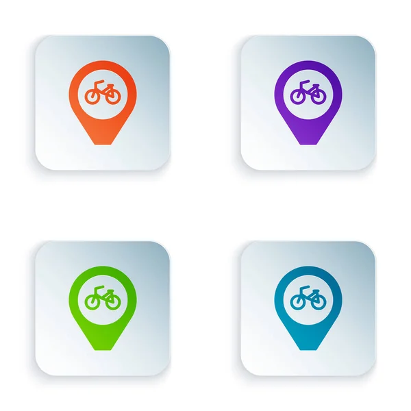 Färg Karta pekare med cykel ikon isolerad på vit bakgrund. Ställ färgglada ikoner i fyrkantiga knappar. Vektor — Stock vektor