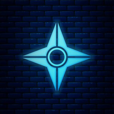 Işıldayan neon Japon ninja shuriken simgesi tuğla duvar arkasında izole edildi. Vektör